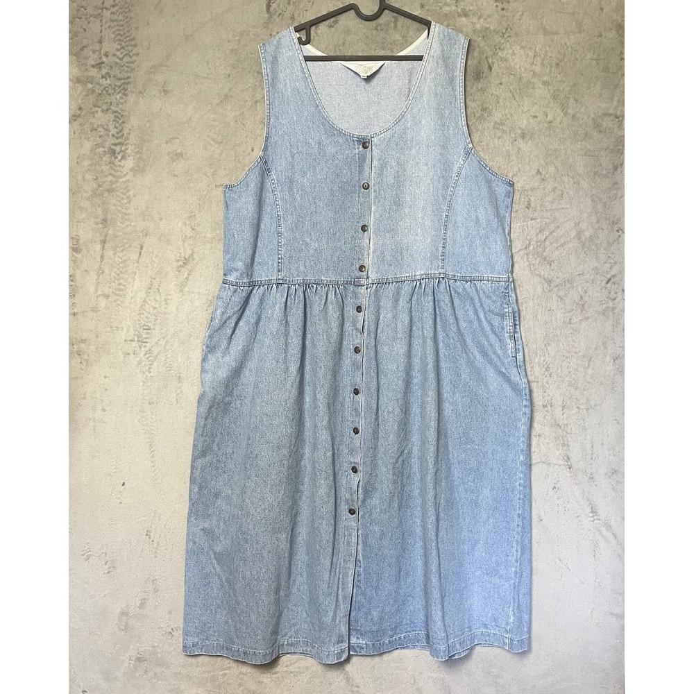 Vintage Denim Maxi Jumper Dress Plus 22W Button Front Sleeveless Teacher Classic